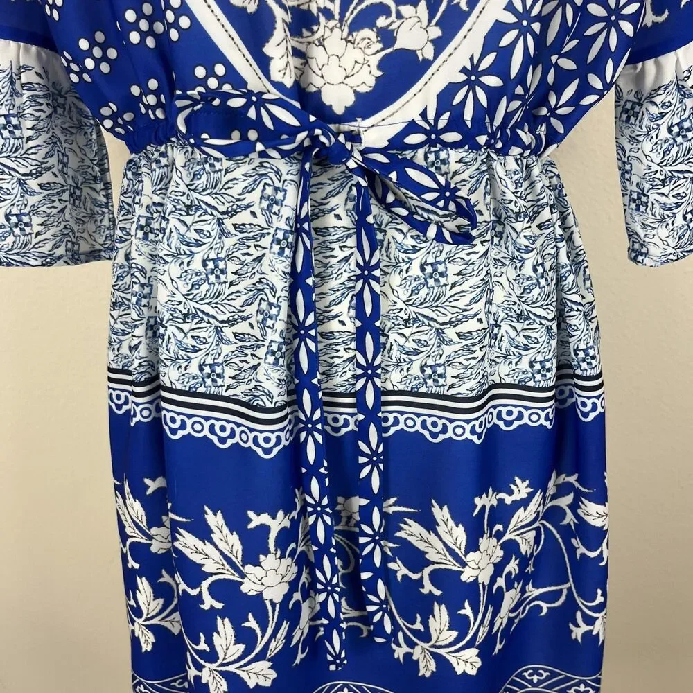 Multiflora Dress Womens XL Blue White Floral Boho Tie Waist Bell Sleeve Ruffle - Picture 3 of 11